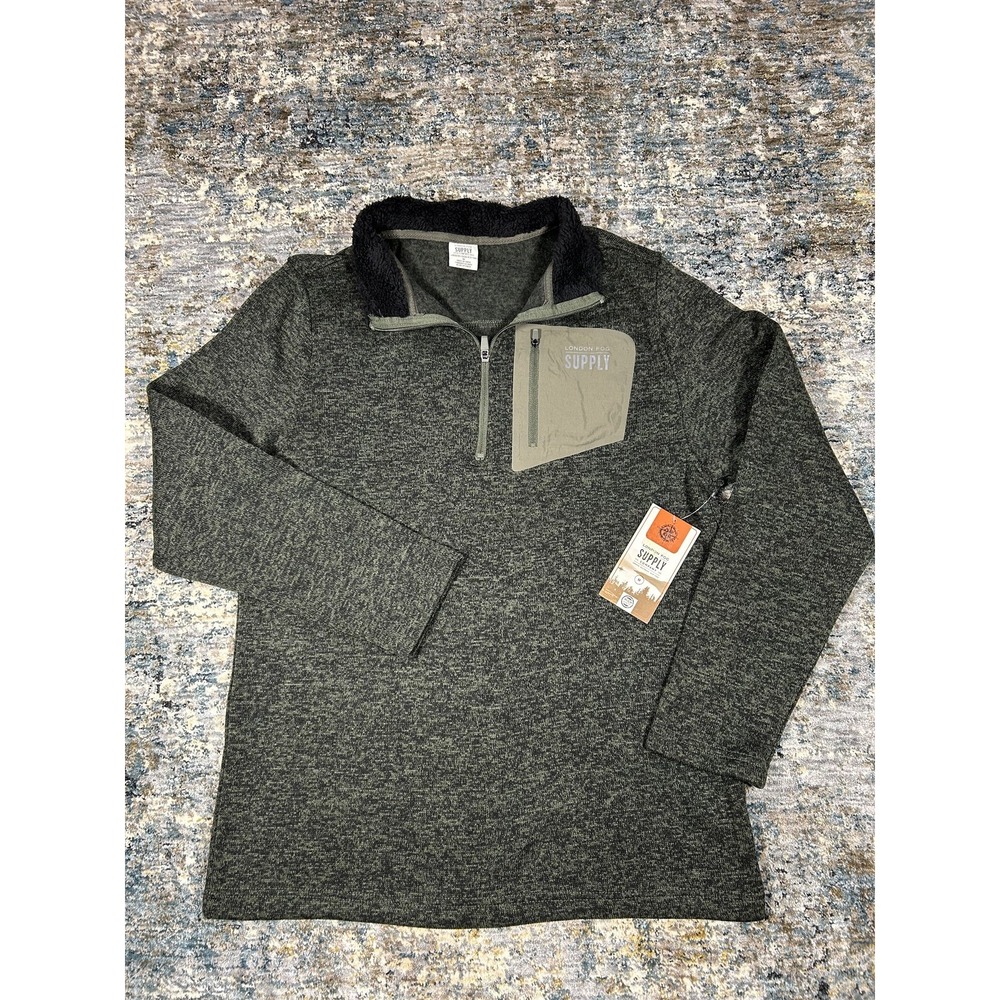 London Fog Supply Mens Heathered Green Quarter-Zip Pullover Fleece Collar M
